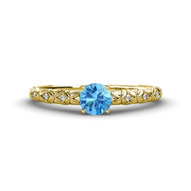 Daisy Classic Round Blue Topaz and Lab Grown Diamond Floral Engraved Engagement Ring 