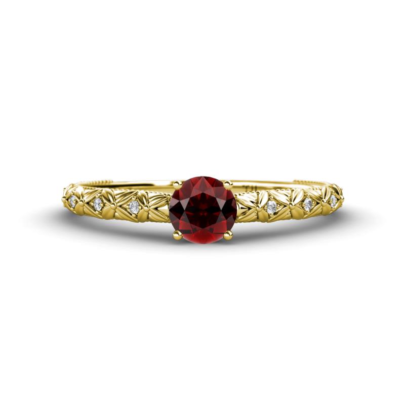 Daisy Classic Round Red Garnet and Lab Grown Diamond Floral Engraved Engagement Ring 