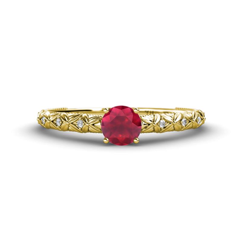 Daisy Classic Round Ruby and Lab Grown Diamond Floral Engraved Engagement Ring 