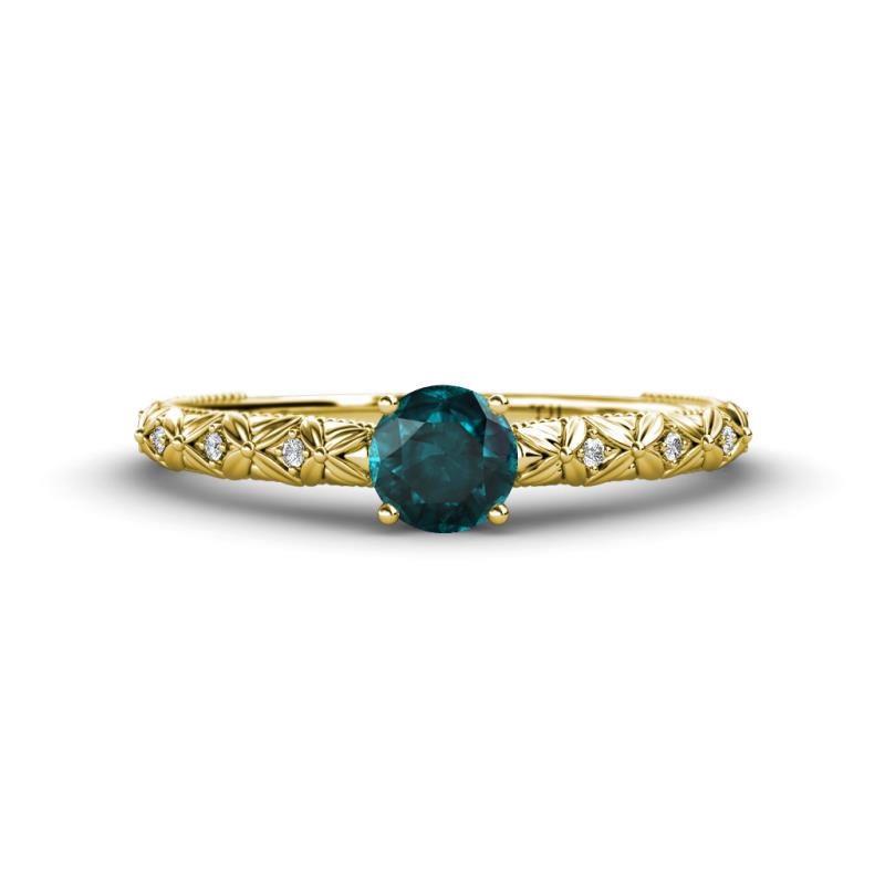 Daisy Classic Round London Blue Topaz and Lab Grown Diamond Floral Engraved Engagement Ring 