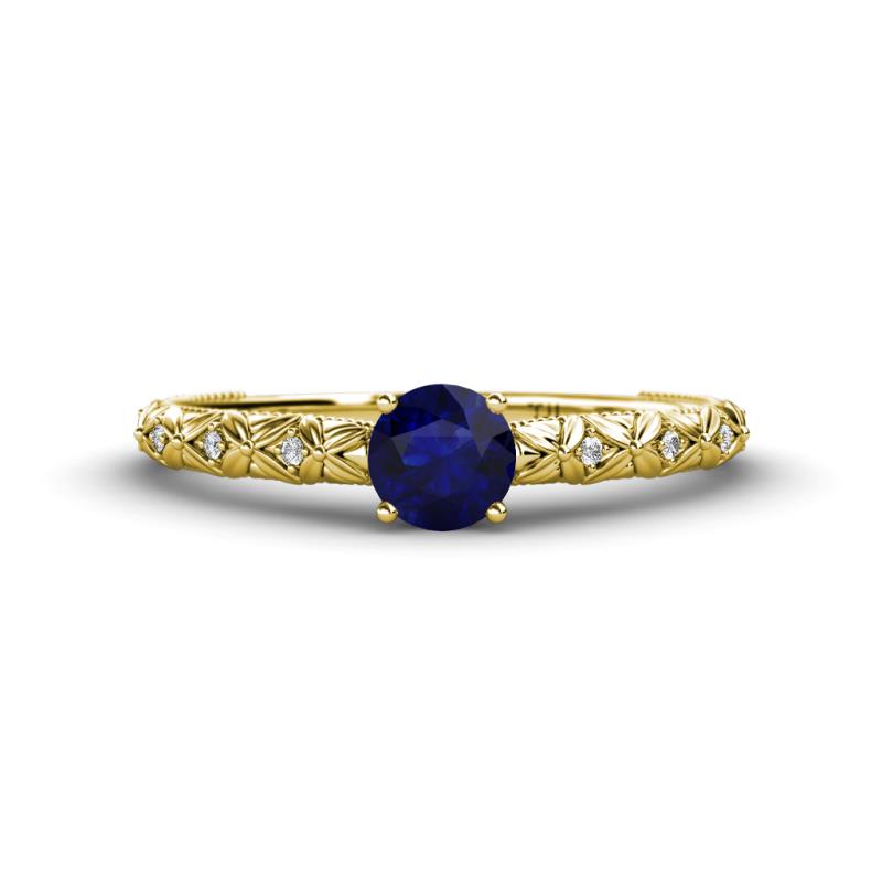 Daisy Classic Round Blue Sapphire and Lab Grown Diamond Floral Engraved Engagement Ring 