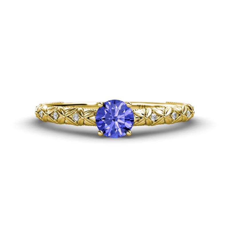 Daisy Classic Round Tanzanite and Lab Grown Diamond Floral Engraved Engagement Ring 