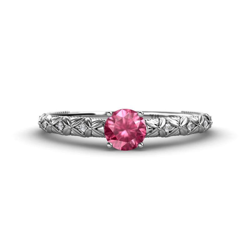 Daisy Classic Round Pink Tourmaline and Lab Grown Diamond Floral Engraved Engagement Ring 