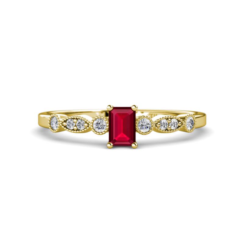 Kiara Desire Emerald Cut Ruby and Round Lab Grown Diamond Engagement Ring 