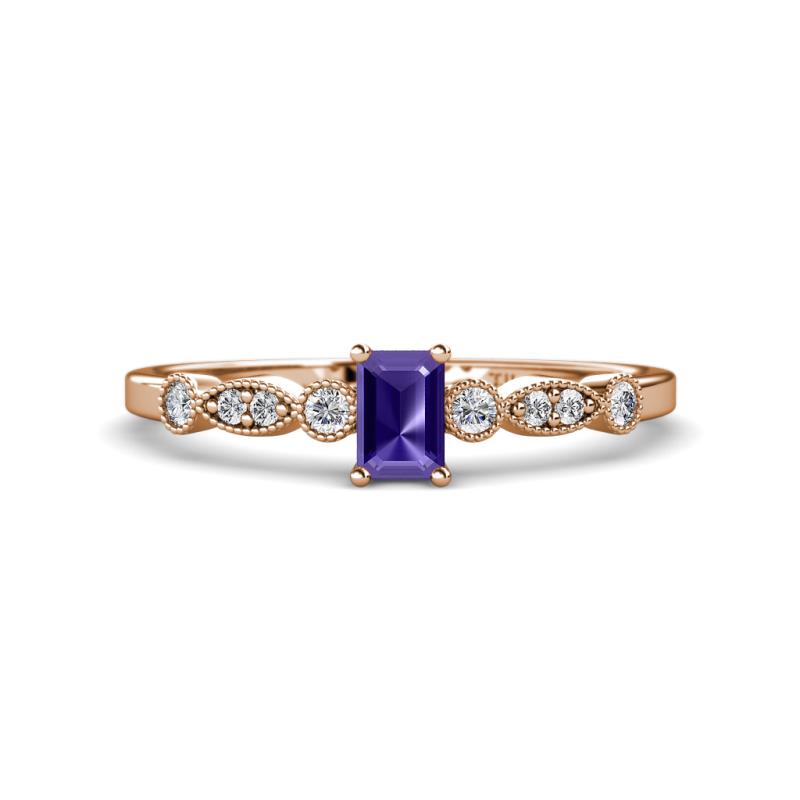 Kiara Desire Emerald Cut Iolite and Round Lab Grown Diamond Engagement Ring 