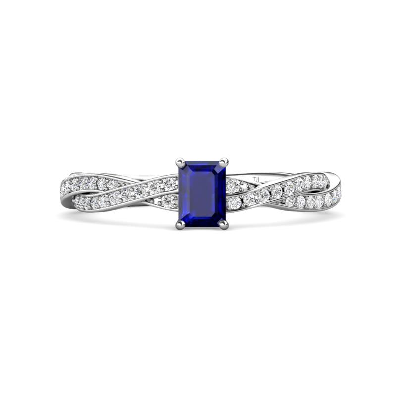 Avril Desire Emerald Cut Blue Sapphire and Round Lab Grown Diamond Twist Braided Shank Engagement Ring 