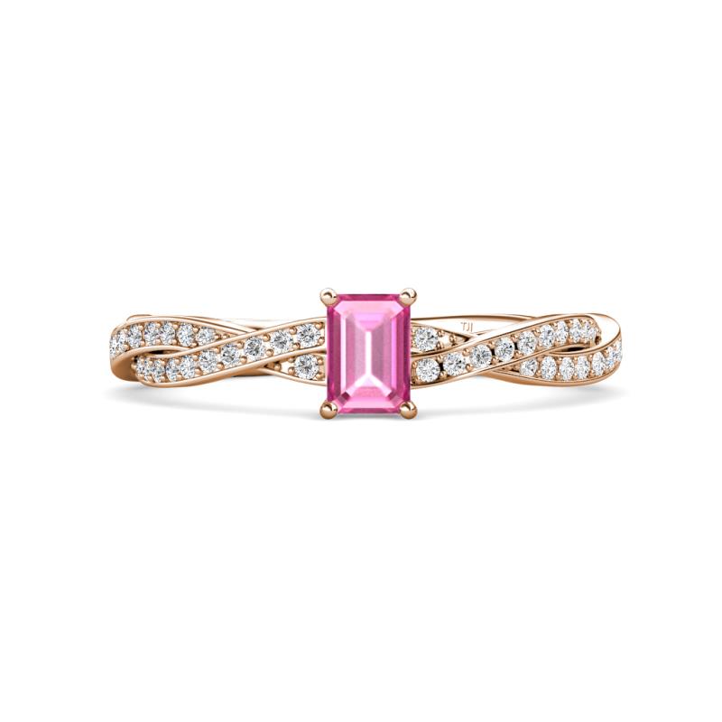 Avril Desire Emerald Cut Pink Sapphire and Round Lab Grown Diamond Twist Braided Shank Engagement Ring 