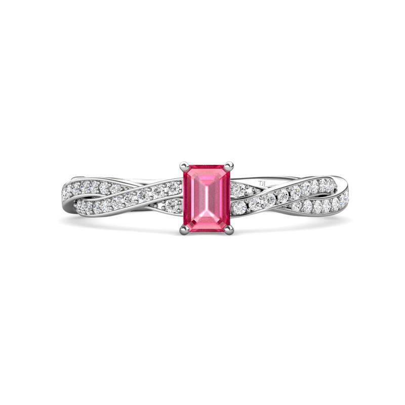 Avril Desire Emerald Cut Pink Tourmaline and Round Lab Grown Diamond Twist Braided Shank Engagement Ring 