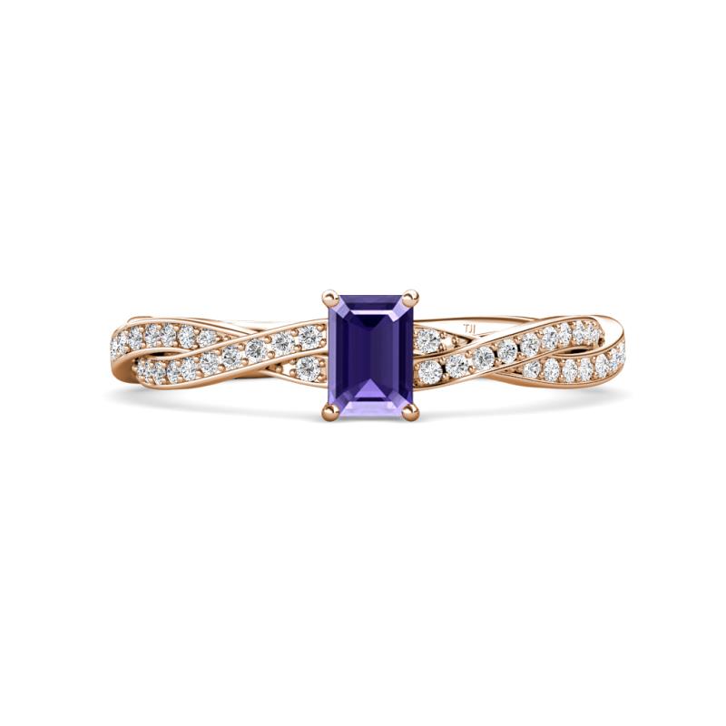 Avril Desire Emerald Cut Iolite and Round Lab Grown Diamond Twist Braided Shank Engagement Ring 