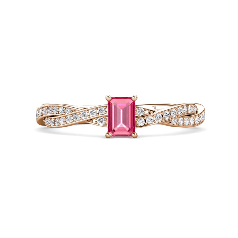 Avril Desire Emerald Cut Pink Tourmaline and Round Lab Grown Diamond Twist Braided Shank Engagement Ring 