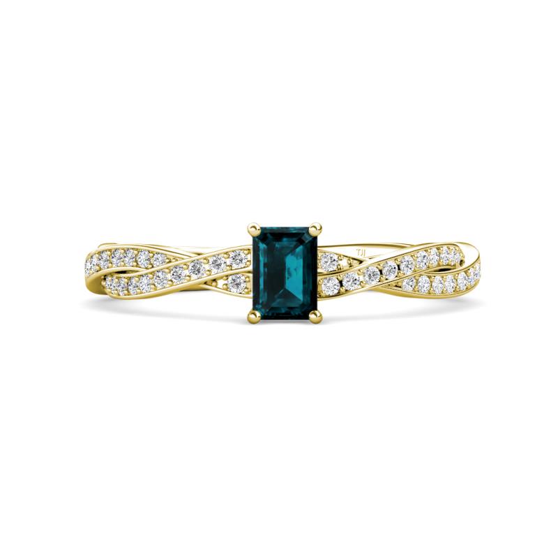 Avril Desire Emerald Cut London Blue Topaz and Round Lab Grown Diamond Twist Braided Shank Engagement Ring 