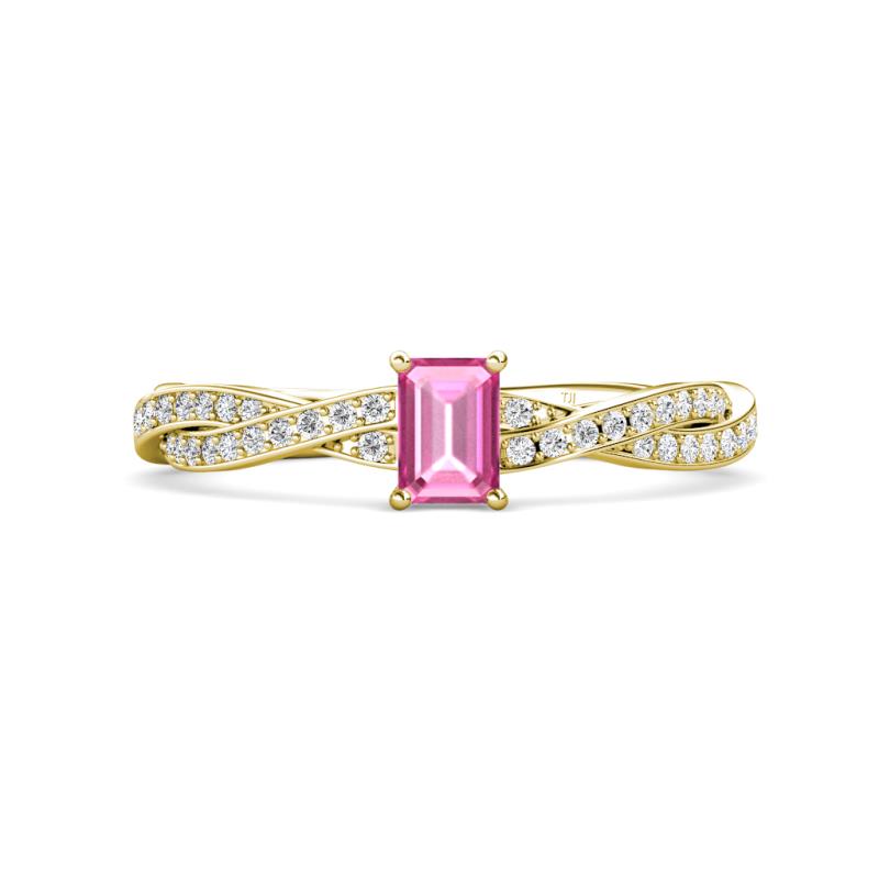 Avril Desire Emerald Cut Pink Sapphire and Round Lab Grown Diamond Twist Braided Shank Engagement Ring 