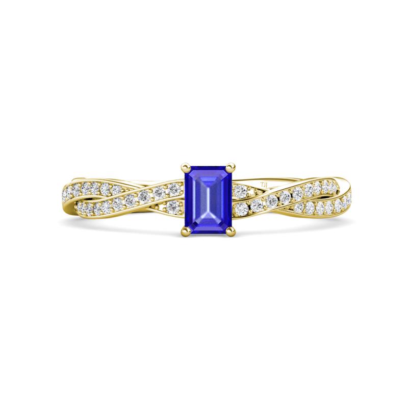 Avril Desire Emerald Cut Tanzanite and Round Lab Grown Diamond Twist Braided Shank Engagement Ring 