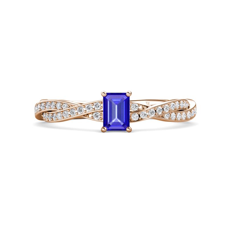 Avril Desire Emerald Cut Tanzanite and Round Lab Grown Diamond Twist Braided Shank Engagement Ring 