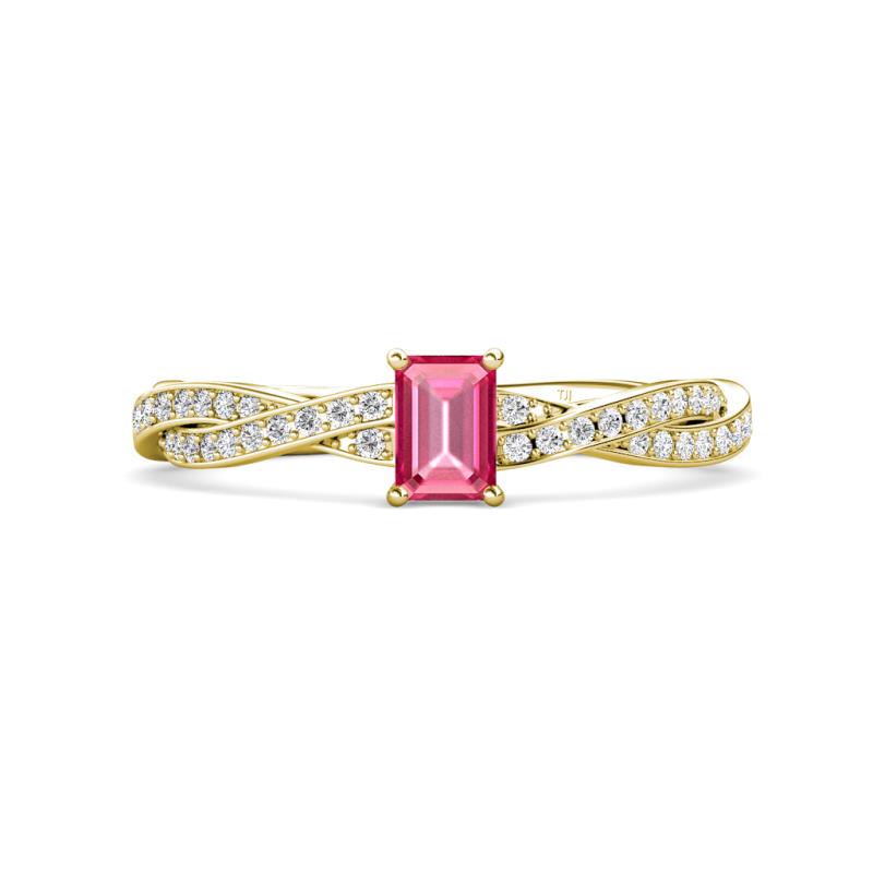 Avril Desire Emerald Cut Pink Tourmaline and Round Lab Grown Diamond Twist Braided Shank Engagement Ring 