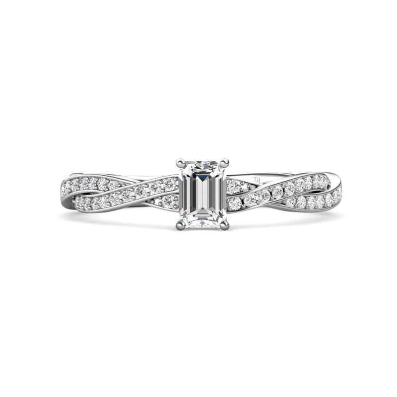 Avril Desire Emerald Cut Lab Grown Diamond and Round Natural Diamond Twist Braided Shank Engagement Ring 