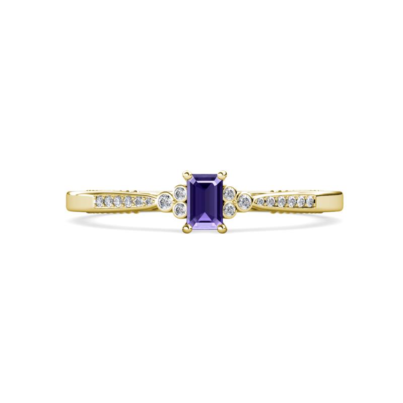 Greta Desire Emerald Cut Iolite and Round Lab Grown Diamond Engagement Ring 