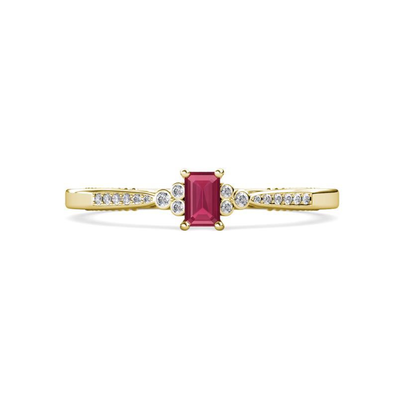 Greta Desire Emerald Cut Rhodolite Garnet and Round Lab Grown Diamond Engagement Ring 