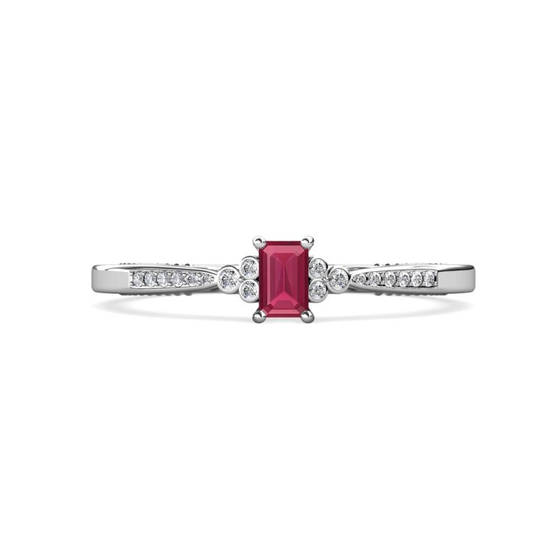 Greta Desire Emerald Cut Rhodolite Garnet and Round Lab Grown Diamond Engagement Ring 