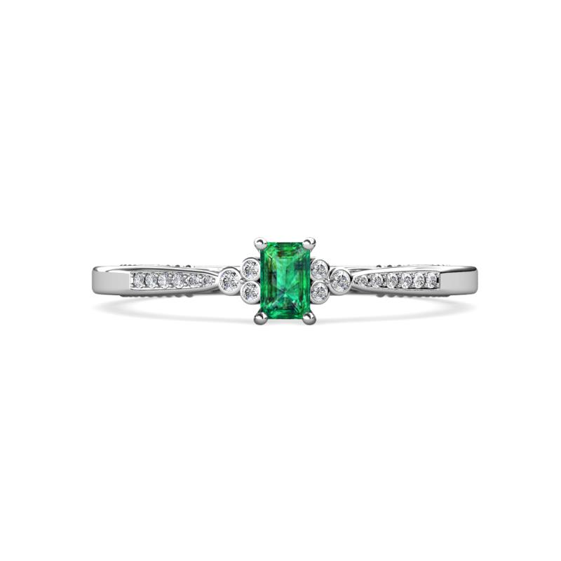 Greta Desire Emerald Cut Emerald and Round Lab Grown Diamond Engagement Ring 