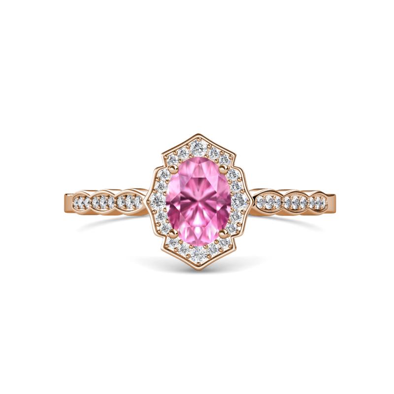 Flora Desire Oval Cut Pink Sapphire and Round Lab Grown Diamond Vintage Scallop Halo Engagement Ring 