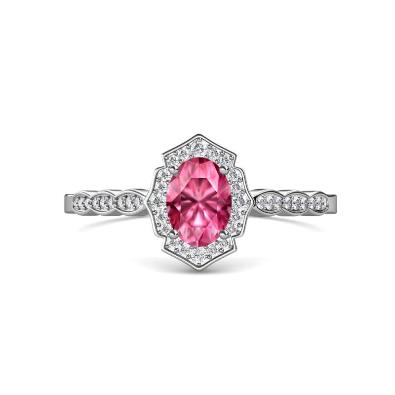 Flora Desire Oval Cut Pink Tourmaline and Round Lab Grown Diamond Vintage Scallop Halo Engagement Ring 