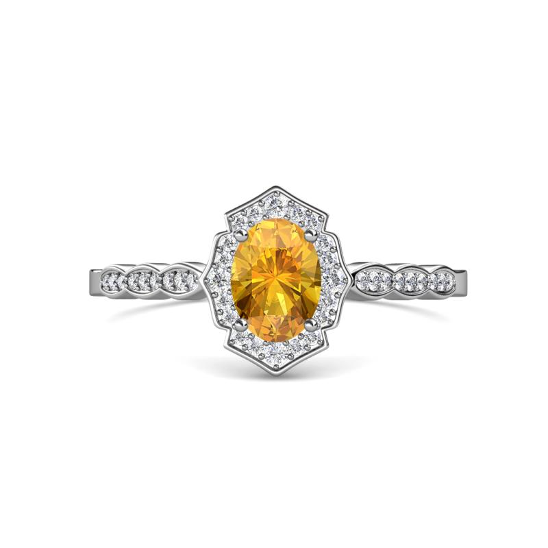 Flora Desire Oval Cut Citrine and Round Lab Grown Diamond Vintage Scallop Halo Engagement Ring 