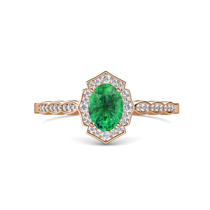 Flora Desire Oval Cut Emerald and Round Lab Grown Diamond Vintage Scallop Halo Engagement Ring 