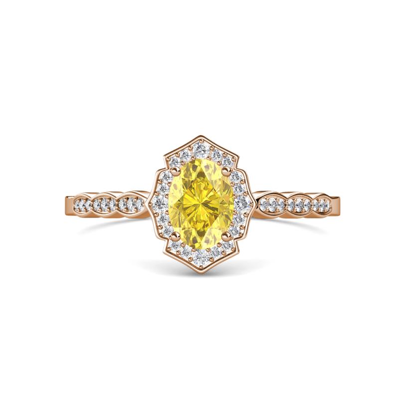 Flora Desire Oval Cut Yellow Sapphire and Round Lab Grown Diamond Vintage Scallop Halo Engagement Ring 