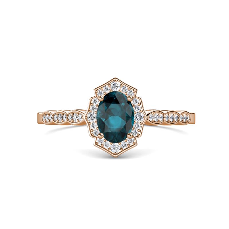 Flora Desire Oval Cut London Blue Topaz and Round Lab Grown Diamond Vintage Scallop Halo Engagement Ring 