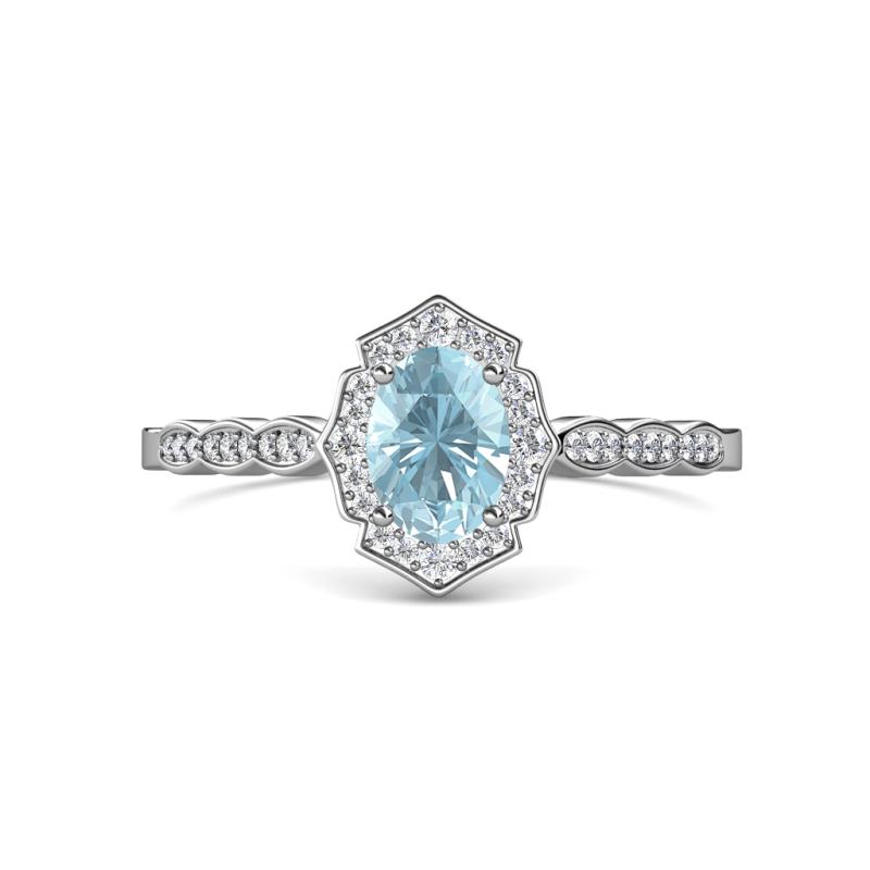 Flora Desire Oval Cut Aquamarine and Round Lab Grown Diamond Vintage Scallop Halo Engagement Ring 
