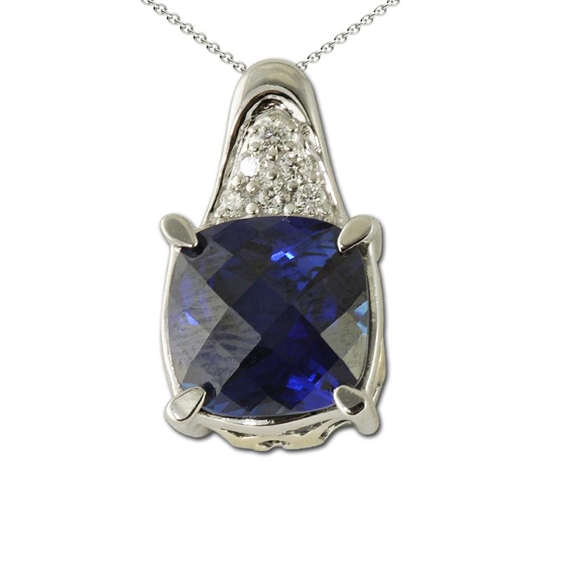 Diamond and Lab Created Blue Sapphire Pendant Diamond Lab Created Blue Sapphire Round Cushion Shape ct tw Pendant in K White GoldIncluded Inches K White Gold Chain
