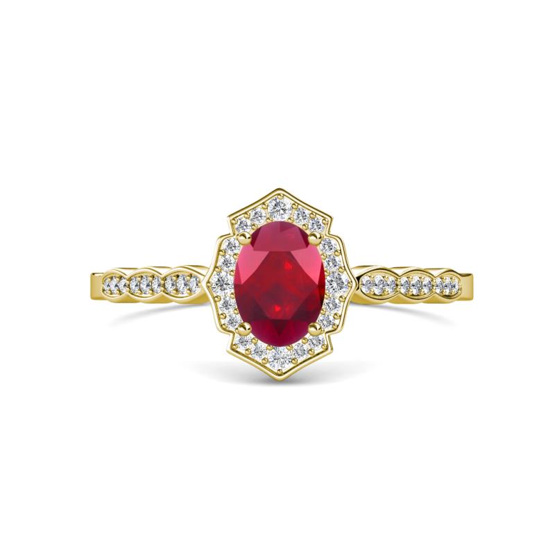 Flora Desire Oval Cut Ruby and Round Lab Grown Diamond Vintage Scallop Halo Engagement Ring 