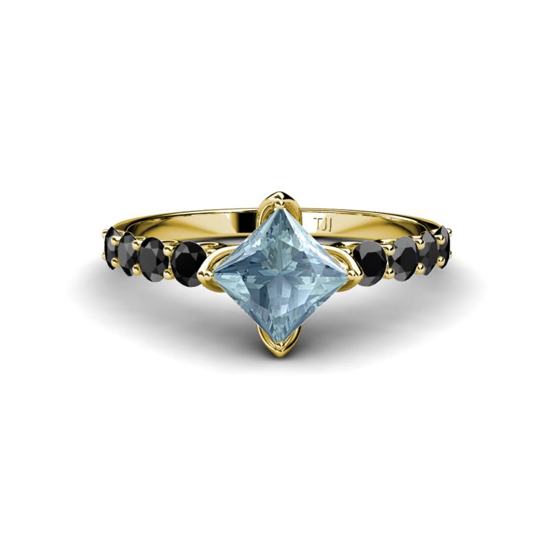 Alicia Princess Cut Aquamarine and Black Diamond Engagement Ring 