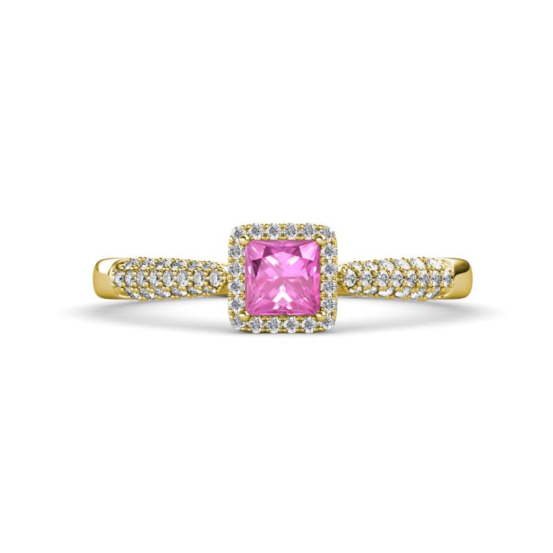 Emily Classic 5.50 mm Lab Created Princess Cut Pink Sapphire and Round Diamond Micro Pave Tapered Shank Halo Engagement Ring 