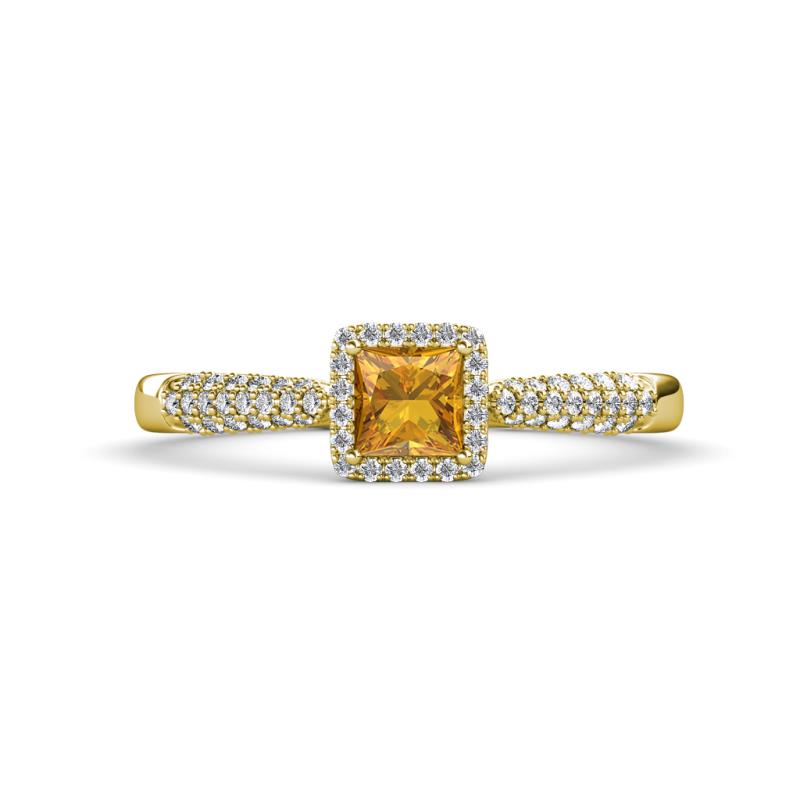 Emily Classic 5.50 mm Princess Cut Citrine and Round Diamond Micro Pave Tapered Shank Halo Engagement Ring 