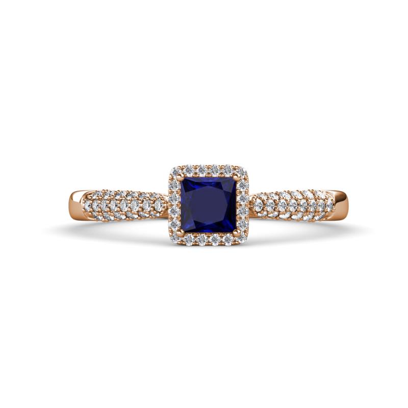 Emily Classic 5.50 mm Princess Cut Blue Sapphire and Round Diamond Micro Pave Tapered Shank Halo Engagement Ring 