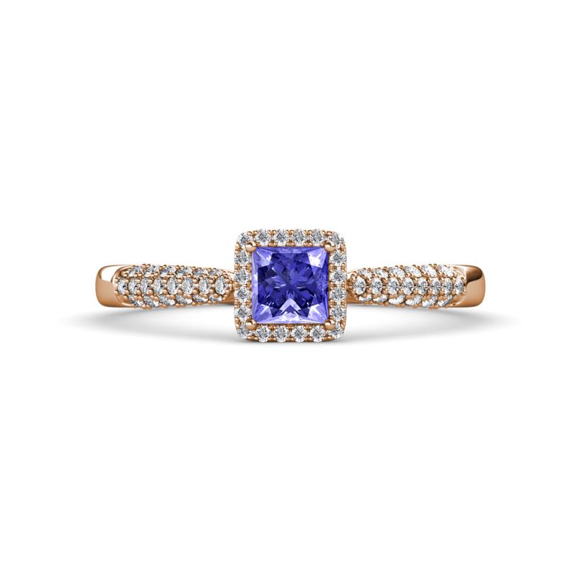 Emily Classic 5.50 mm Princess Cut Tanzanite and Round Diamond Micro Pave Tapered Shank Halo Engagement Ring 