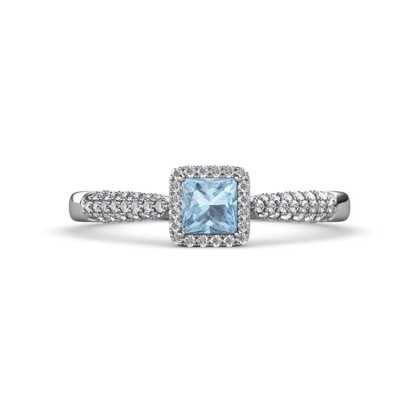 Emily Classic 5.50 mm Princess Cut Aquamarine and Round Diamond Micro Pave Tapered Shank Halo Engagement Ring 