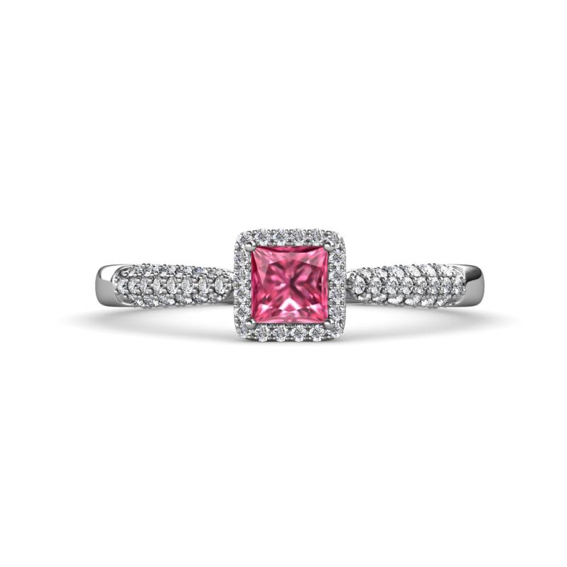 Emily Classic 5.50 mm Princess Cut Pink Tourmaline and Round Diamond Micro Pave Tapered Shank Halo Engagement Ring 