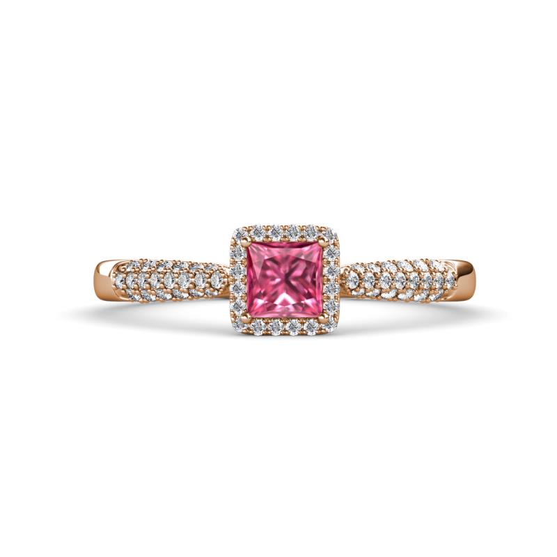 Emily Classic 5.50 mm Princess Cut Pink Tourmaline and Round Diamond Micro Pave Tapered Shank Halo Engagement Ring 
