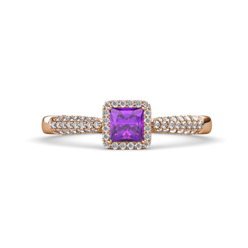 Emily Classic 5.50 mm Princess Cut Amethyst and Round Diamond Micro Pave Tapered Shank Halo Engagement Ring 