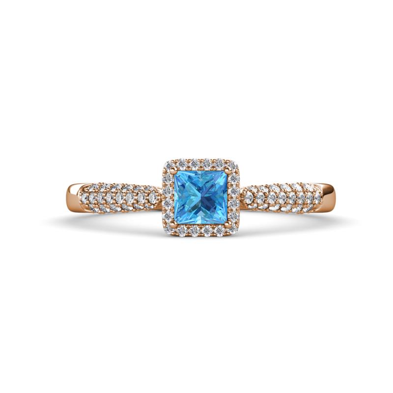 Emily Classic 5.50 mm Princess Cut Blue Topaz and Round Diamond Micro Pave Tapered Shank Halo Engagement Ring 