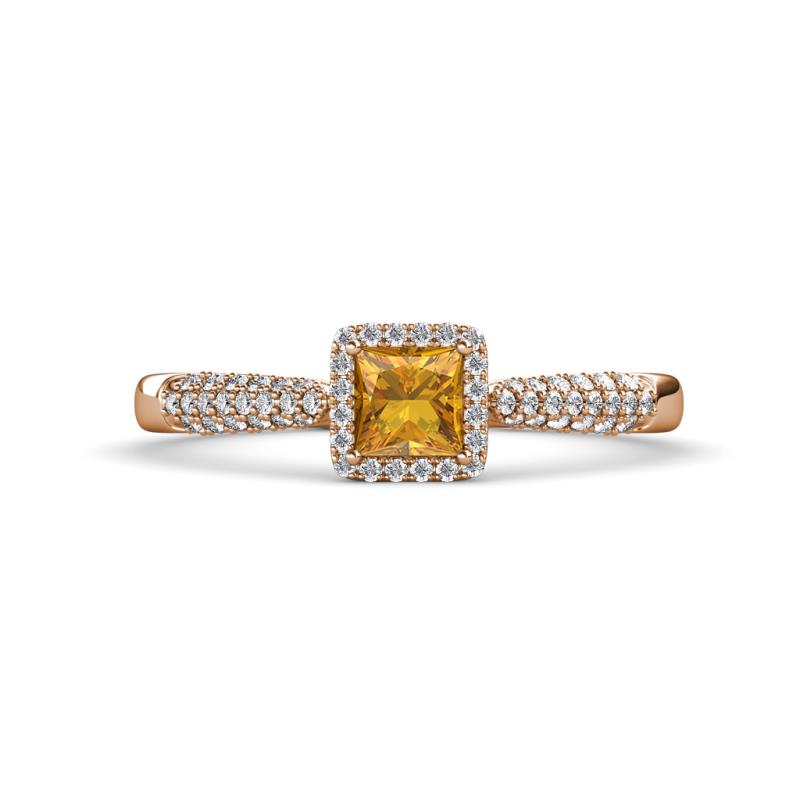 Emily Classic 5.50 mm Princess Cut Citrine and Round Diamond Micro Pave Tapered Shank Halo Engagement Ring 