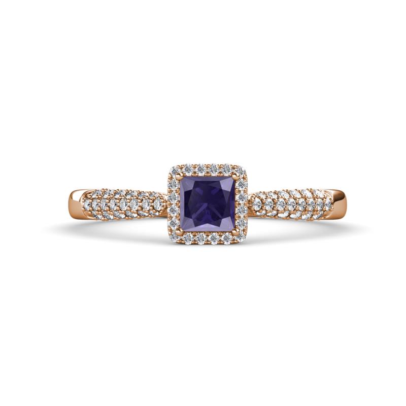 Emily Classic 5.50 mm Princess Cut Iolite and Round Diamond Micro Pave Tapered Shank Halo Engagement Ring 