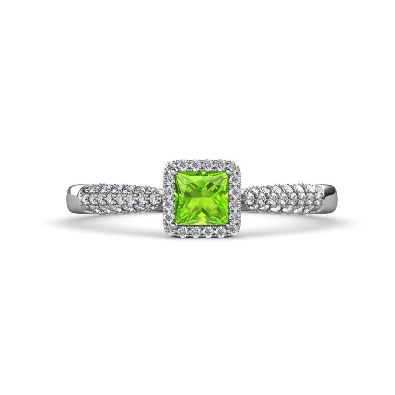 Emily Classic 5.50 mm Princess Cut Peridot and Round Diamond Micro Pave Tapered Shank Halo Engagement Ring 
