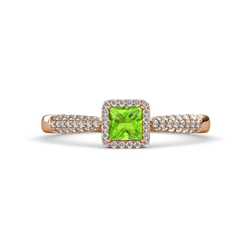 Emily Classic 5.50 mm Princess Cut Peridot and Round Diamond Micro Pave Tapered Shank Halo Engagement Ring 