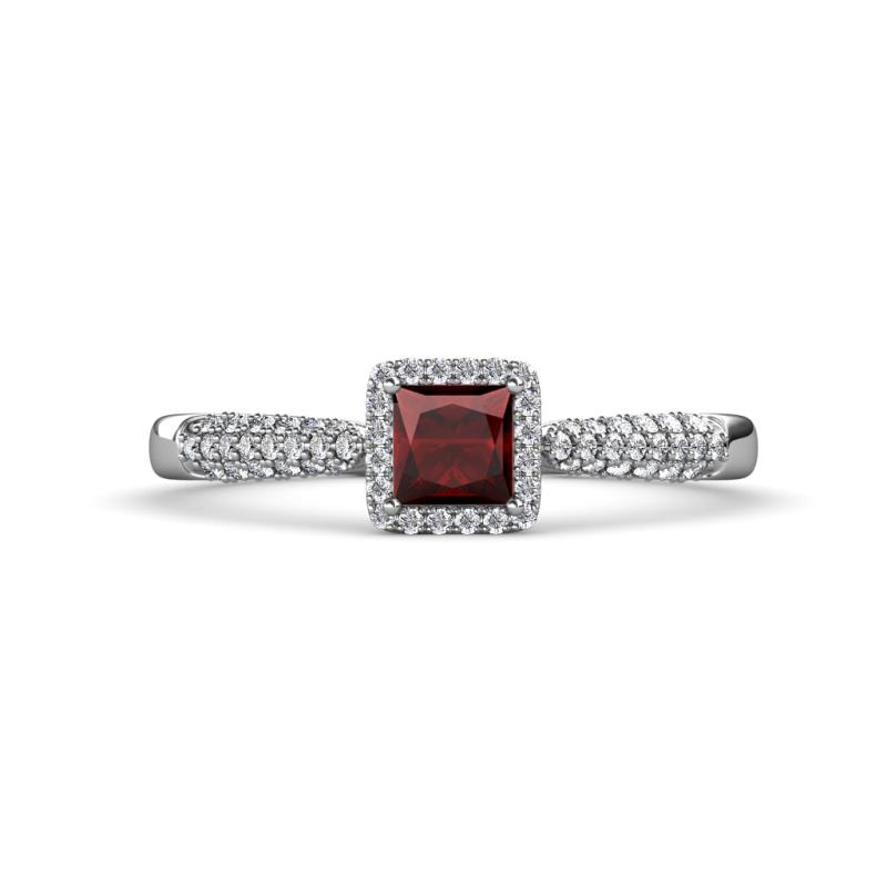 Emily Classic 5.50 mm Princess Cut Red Garnet and Round Diamond Micro Pave Tapered Shank Halo Engagement Ring 