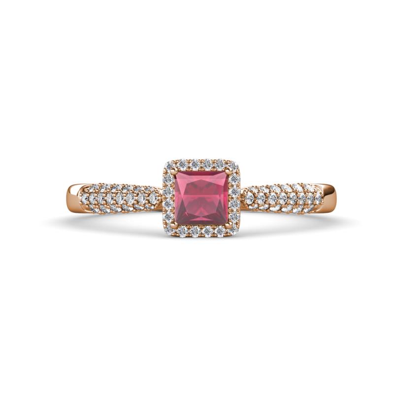 Emily Classic 5.50 mm Princess Cut Rhodolite Garnet and Round Diamond Micro Pave Tapered Shank Halo Engagement Ring 