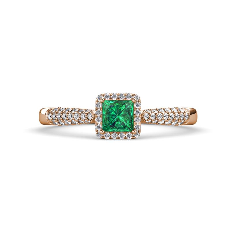 Emily Classic 5.50 mm Princess Cut Emerald and Round Diamond Micro Pave Tapered Shank Halo Engagement Ring 